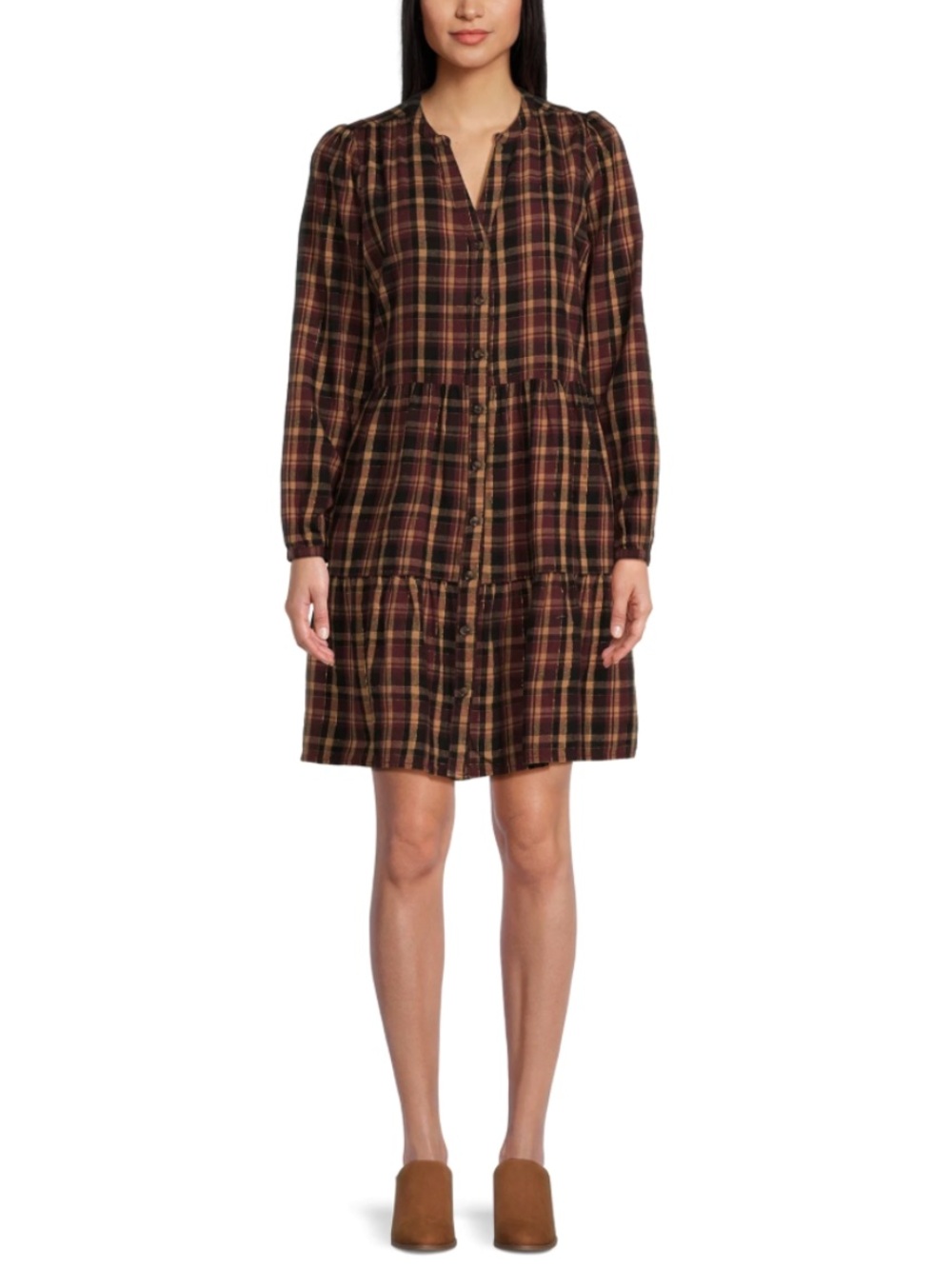 Time and Tru Burgundy & Brown Plaid Tiered Long-Sleeve Shirtdress Prairie - Picture 13 of 13